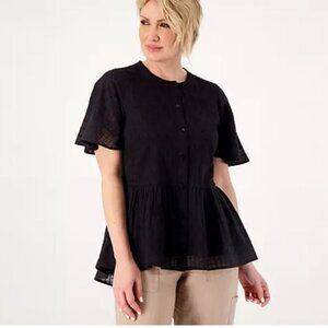 Isaac Mizrahi Live! Embroidered Textured Blouse-Pitch Black, Large